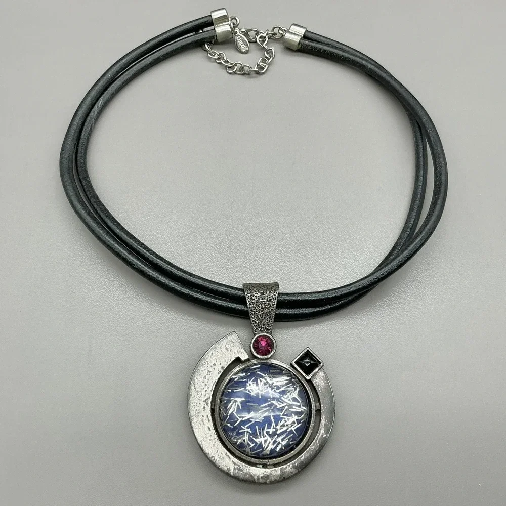 Chico's Necklace Black Double Cord Silver Tone Blue Art Glass Statement Pendant